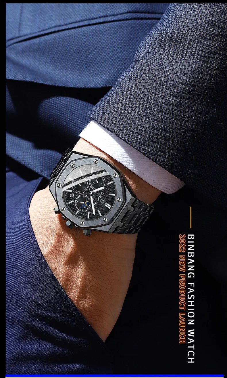 Top Brand Man Watch Luxury Luminous BINBOND B0161 Wristwatch Stainless Steel Waterproof Men Date Calendar Clock - Tara's Tiny Treasures