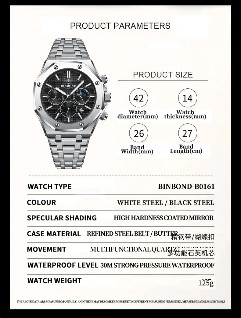 Top Brand Man Watch Luxury Luminous BINBOND B0161 Wristwatch Stainless Steel Waterproof Men Date Calendar Clock - Tara's Tiny Treasures
