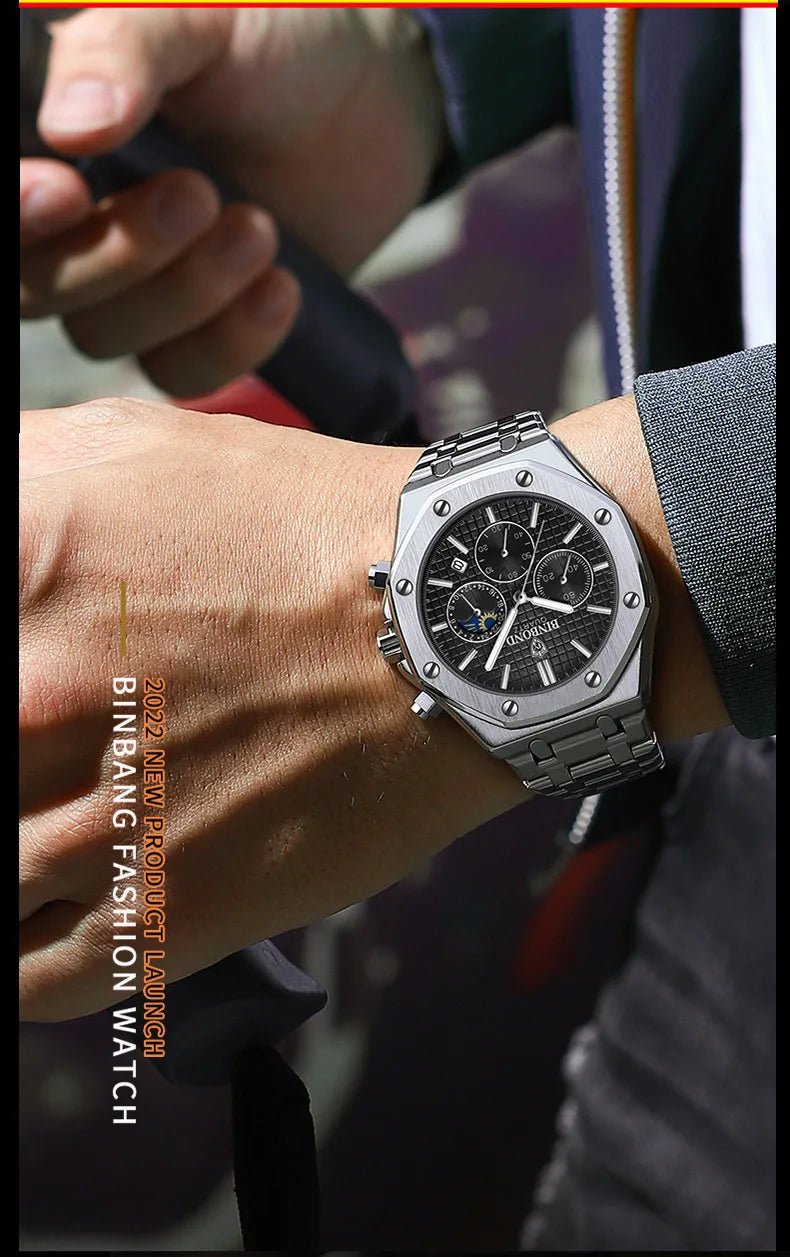 Top Brand Man Watch Luxury Luminous BINBOND B0161 Wristwatch Stainless Steel Waterproof Men Date Calendar Clock - Tara's Tiny Treasures