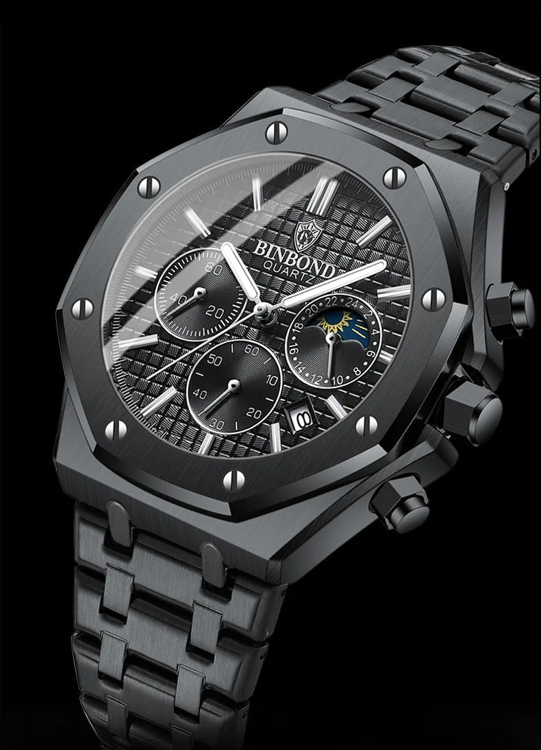Top Brand Man Watch Luxury Luminous BINBOND B0161 Wristwatch Stainless Steel Waterproof Men Date Calendar Clock - Tara's Tiny Treasures
