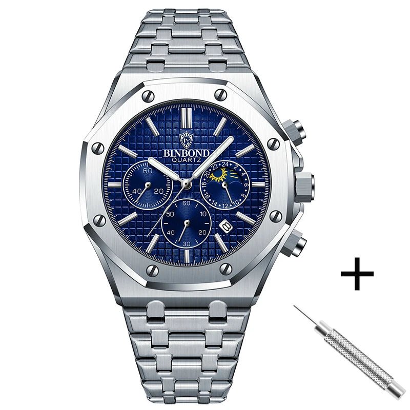 Top Brand Man Watch Luxury Luminous BINBOND B0161 Wristwatch Stainless Steel Waterproof Men Date Calendar Clock - Tara's Tiny Treasures