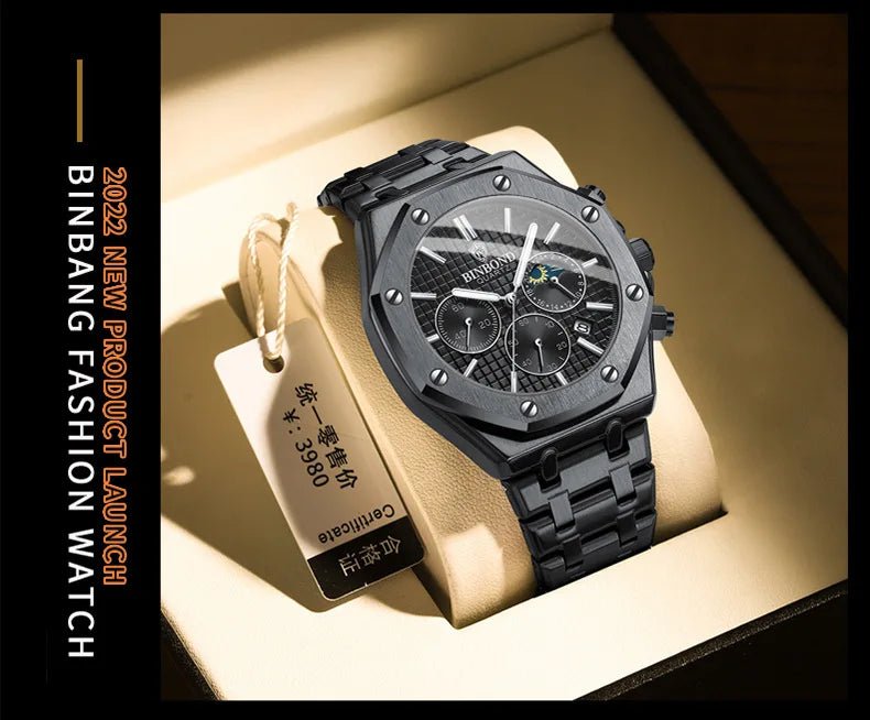 Top Brand Man Watch Luxury Luminous BINBOND B0161 Wristwatch Stainless Steel Waterproof Men Date Calendar Clock - Tara's Tiny Treasures