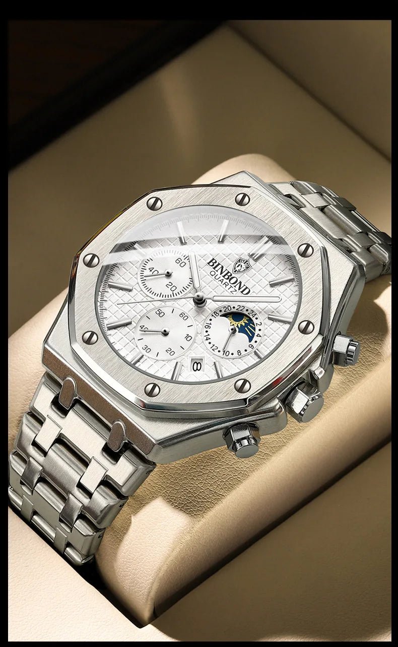 Top Brand Man Watch Luxury Luminous BINBOND B0161 Wristwatch Stainless Steel Waterproof Men Date Calendar Clock - Tara's Tiny Treasures