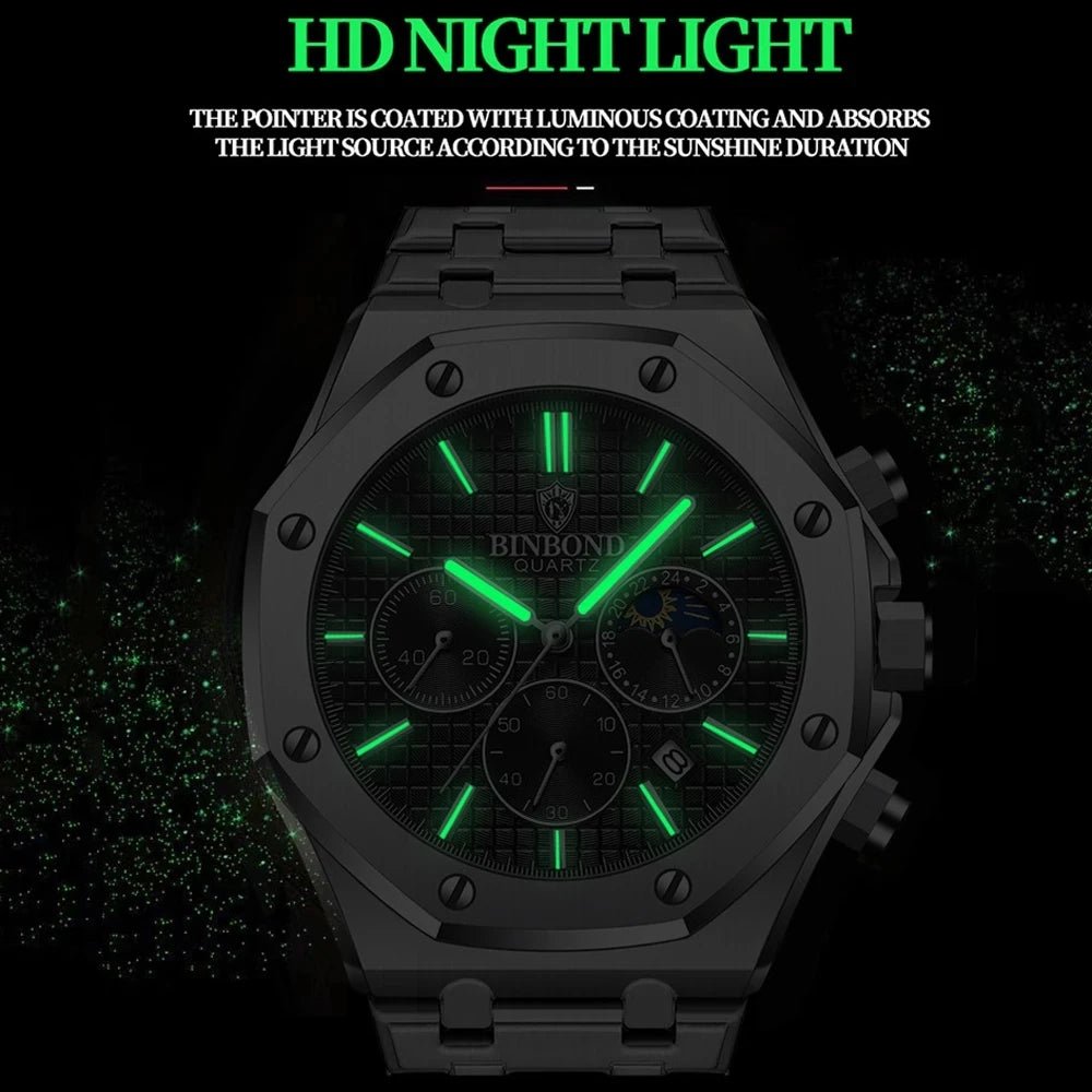Top Brand Man Watch Luxury Luminous BINBOND B0161 Wristwatch Stainless Steel Waterproof Men Date Calendar Clock - Tara's Tiny Treasures