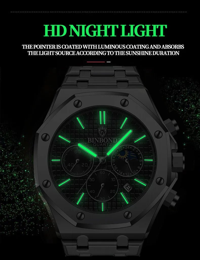 Top Brand Man Watch Luxury Luminous BINBOND B0161 Wristwatch Stainless Steel Waterproof Men Date Calendar Clock - Tara's Tiny Treasures