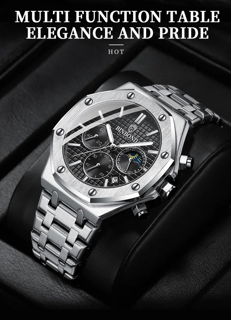 Top Brand Man Watch Luxury Luminous BINBOND B0161 Wristwatch Stainless Steel Waterproof Men Date Calendar Clock - Tara's Tiny Treasures