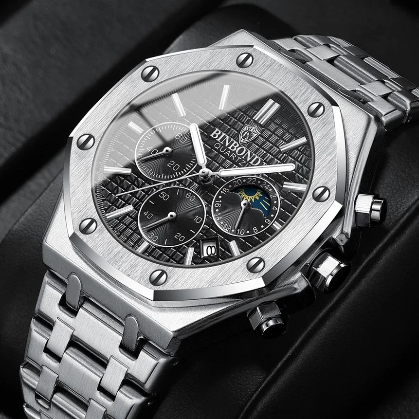 Top Brand Man Watch Luxury Luminous BINBOND B0161 Wristwatch Stainless Steel Waterproof Men Date Calendar Clock - Tara's Tiny Treasures