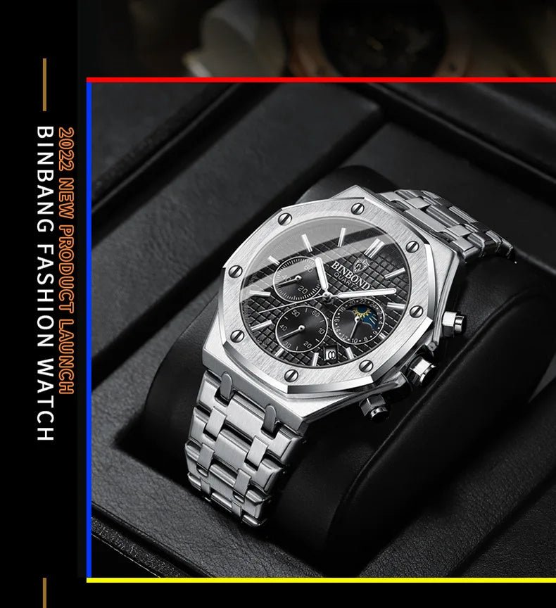 Top Brand Man Watch Luxury Luminous BINBOND B0161 Wristwatch Stainless Steel Waterproof Men Date Calendar Clock - Tara's Tiny Treasures