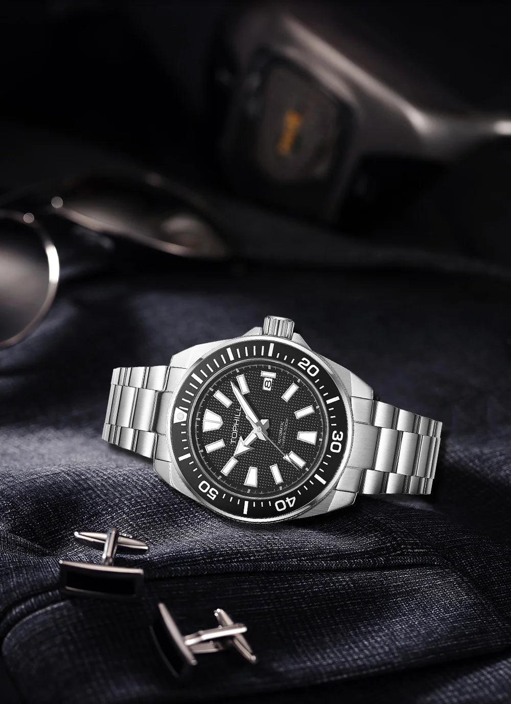TOPHILL 43.8mm Automatic Mechanical Diving Watch NH35 Men's Wristwatches Waffle Dial Super Luminous 30Bar Sapphire Reloj TD008G - Tara's Tiny Treasures