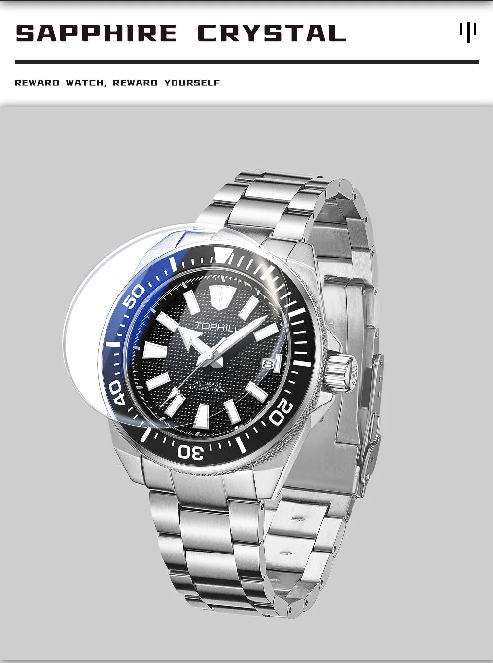 TOPHILL 43.8mm Automatic Mechanical Diving Watch NH35 Men's Wristwatches Waffle Dial Super Luminous 30Bar Sapphire Reloj TD008G - Tara's Tiny Treasures