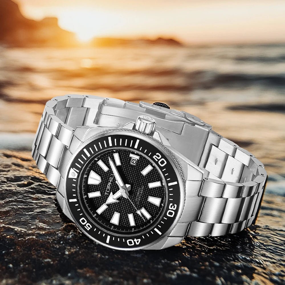 TOPHILL 43.8mm Automatic Mechanical Diving Watch NH35 Men's Wristwatches Waffle Dial Super Luminous 30Bar Sapphire Reloj TD008G - Tara's Tiny Treasures