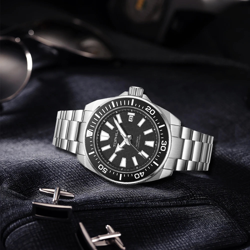 TOPHILL 43.8mm Automatic Mechanical Diving Watch NH35 Men's Wristwatches Waffle Dial Super Luminous 30Bar Sapphire Reloj TD008G - Tara's Tiny Treasures