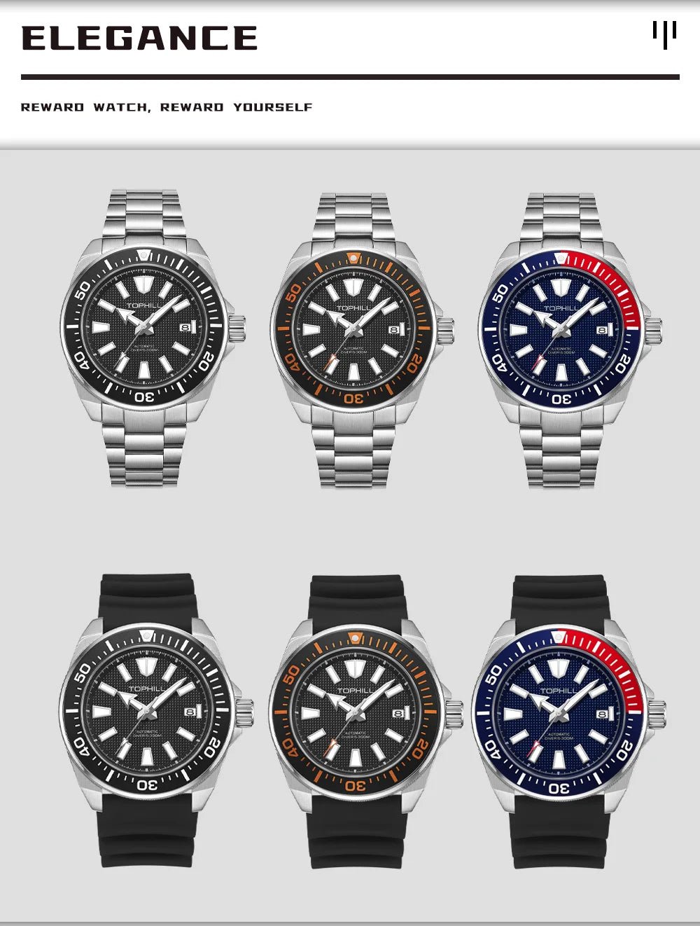 TOPHILL 43.8mm Automatic Mechanical Diving Watch NH35 Men's Wristwatches Waffle Dial Super Luminous 30Bar Sapphire Reloj TD008G - Tara's Tiny Treasures