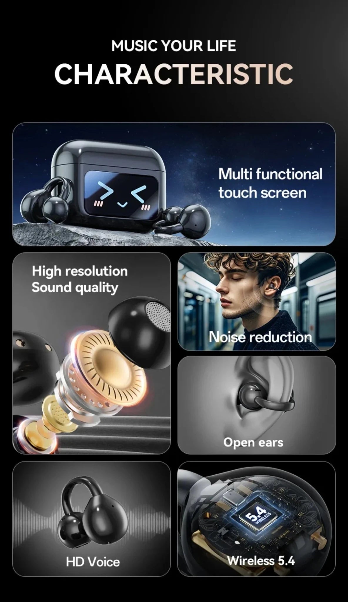 Touch Screen Bluetooth Headphones 144 Languages Real-time Translation Headphones Wireless Open Ear Clips Sports Gaming Earphone - Tara's Tiny Treasures