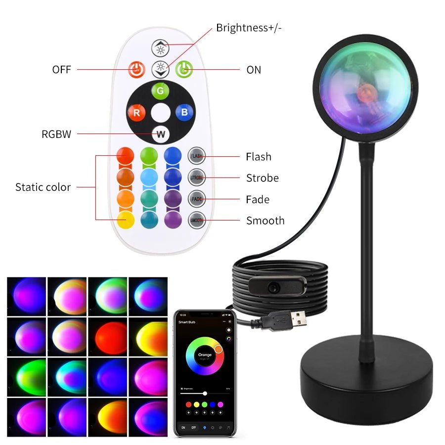 Tuya Smart Sunset Lamp USB Projector LED Night light with Remote Bluetooth App Control Atmosphere Mood Light for Photography - Tara's Tiny Treasures