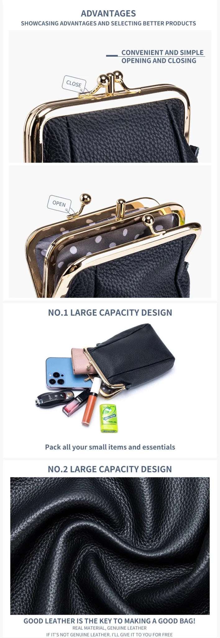 Women's Handbags High Quality Genuine Leather Shoulder Bags Large Capacity Hasp Crossbody Bags for Women Solid Flap Phone Purse - Tara's Tiny Treasures