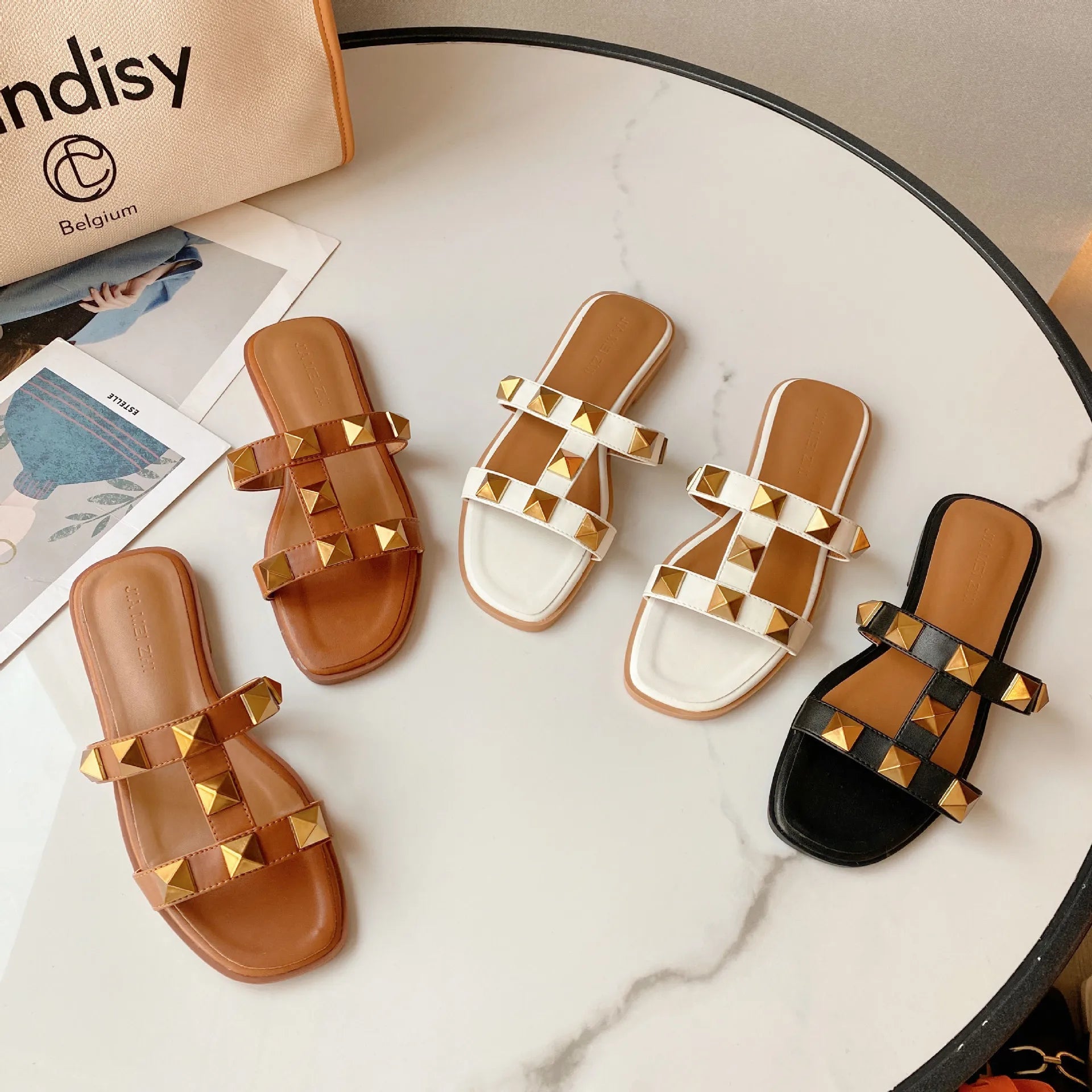 Women's Sandals Summer Luxury Designer Woman Heeled Slipper Women Sandals Leather Brand Rivets Flat Gladiator Ladies Shoes - Tara's Tiny Treasures