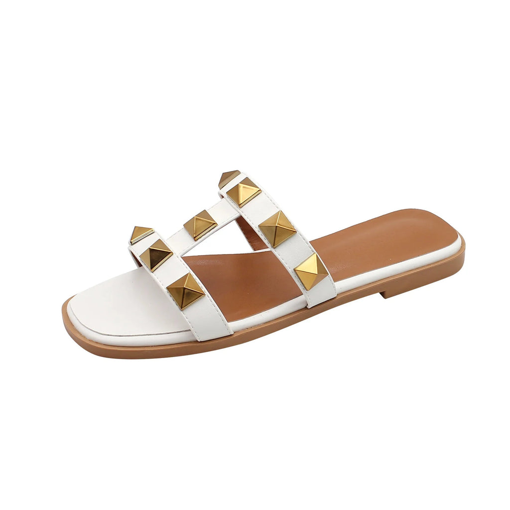 Women's Sandals Summer Luxury Designer Woman Heeled Slipper Women Sandals Leather Brand Rivets Flat Gladiator Ladies Shoes - Tara's Tiny Treasures