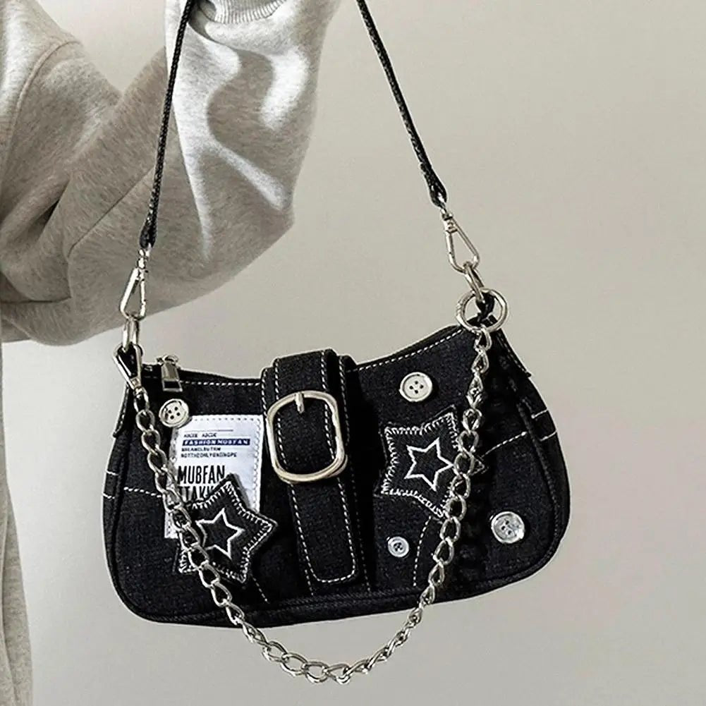 Y2k Fashion Women's Handbags Denim Stars Pattern Cool Girls Y2K Underarm Bag Retro Style Rivet Armpit Bag - Tara's Tiny Treasures