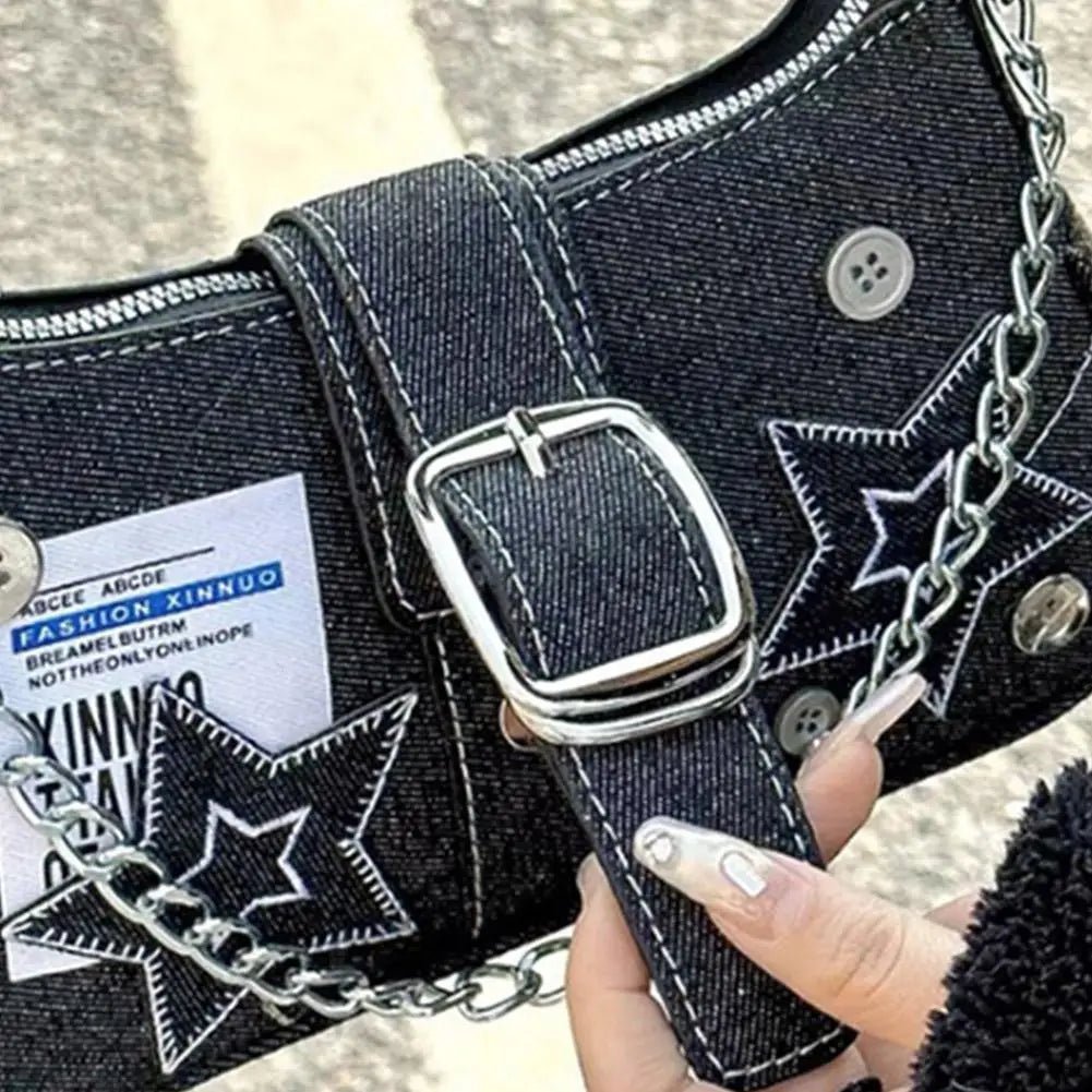 Y2k Fashion Women's Handbags Denim Stars Pattern Cool Girls Y2K Underarm Bag Retro Style Rivet Armpit Bag - Tara's Tiny Treasures