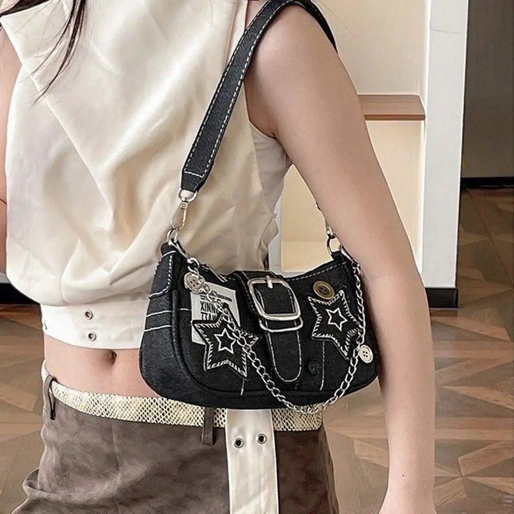 Y2k Fashion Women's Handbags Denim Stars Pattern Cool Girls Y2K Underarm Bag Retro Style Rivet Armpit Bag - Tara's Tiny Treasures