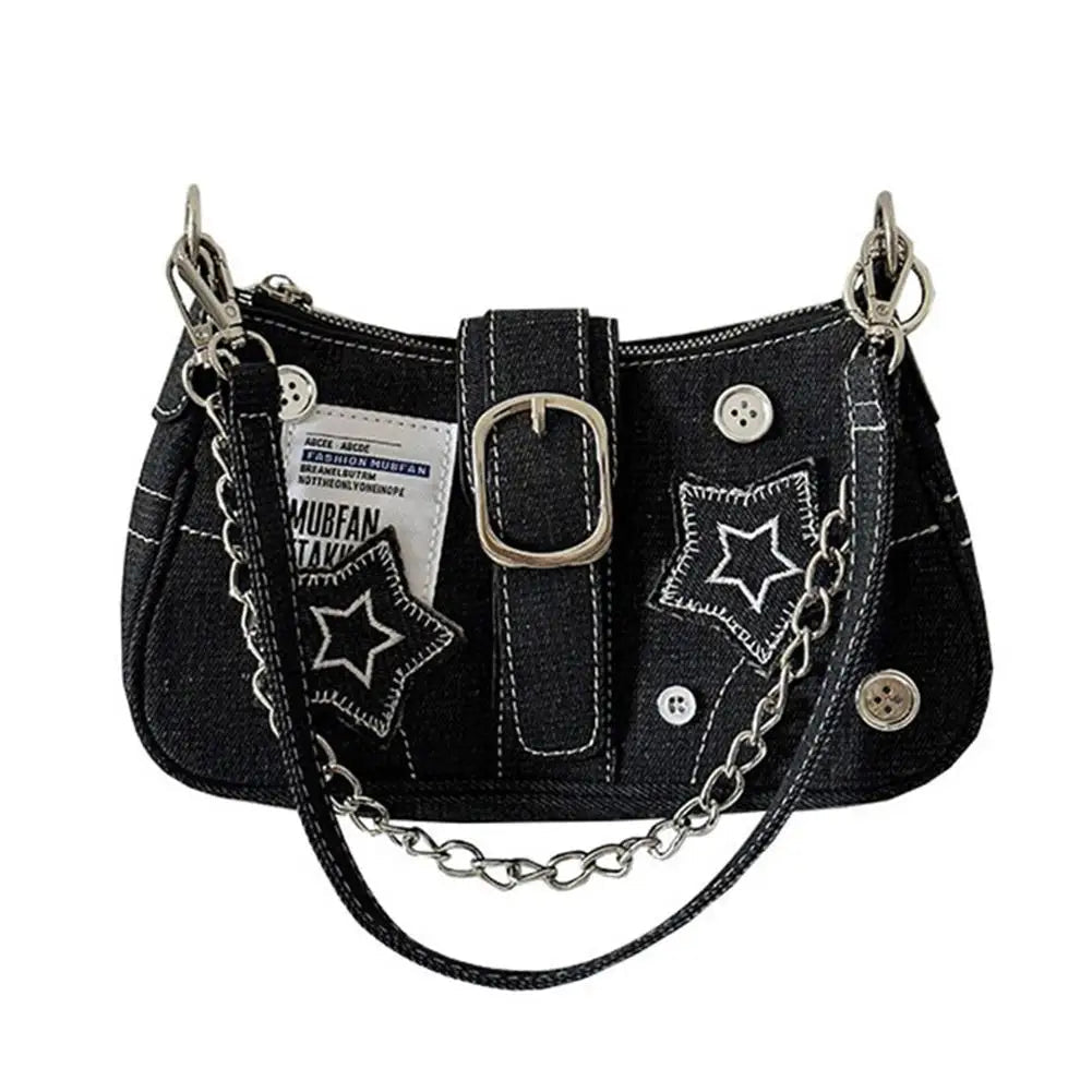 Y2k Fashion Women's Handbags Denim Stars Pattern Cool Girls Y2K Underarm Bag Retro Style Rivet Armpit Bag - Tara's Tiny Treasures