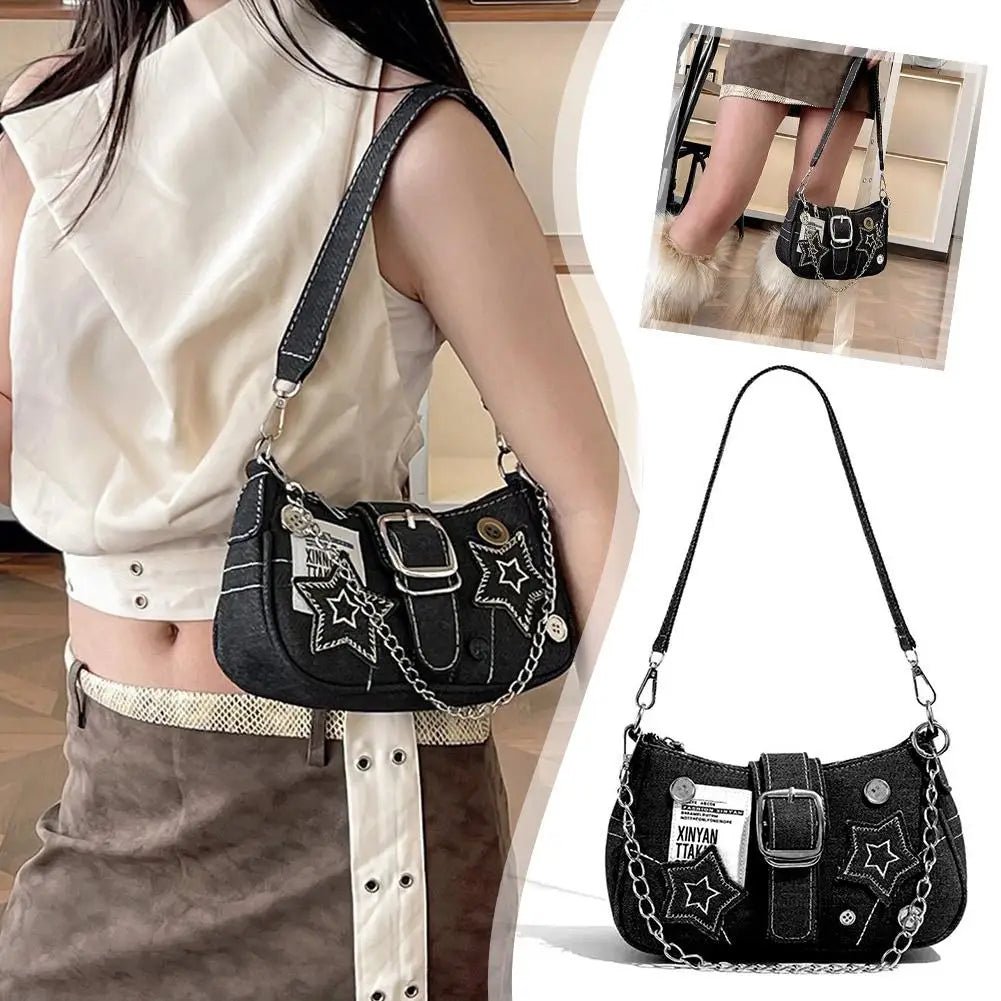 Y2k Fashion Women's Handbags Denim Stars Pattern Cool Girls Y2K Underarm Bag Retro Style Rivet Armpit Bag - Tara's Tiny Treasures