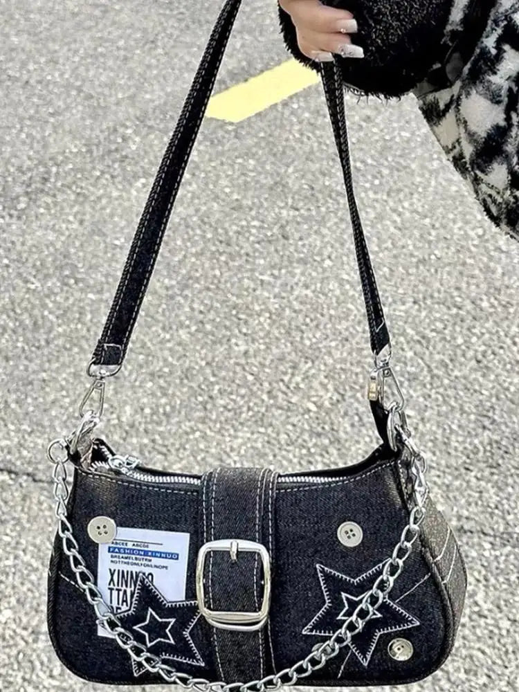 Y2k Fashion Women's Handbags Denim Stars Pattern Cool Girls Y2K Underarm Bag Retro Style Rivet Armpit Bag - Tara's Tiny Treasures