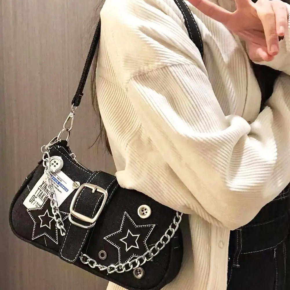 Y2k Fashion Women's Handbags Denim Stars Pattern Cool Girls Y2K Underarm Bag Retro Style Rivet Armpit Bag - Tara's Tiny Treasures