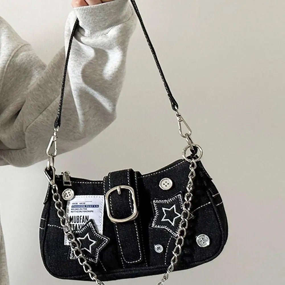 Y2k Fashion Women's Handbags Denim Stars Pattern Cool Girls Y2K Underarm Bag Retro Style Rivet Armpit Bag - Tara's Tiny Treasures