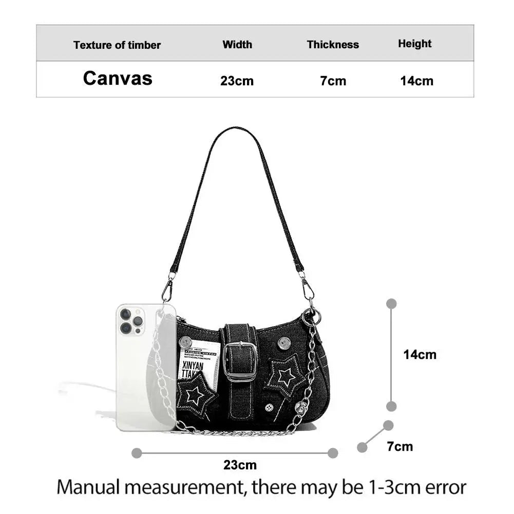 Y2k Fashion Women's Handbags Denim Stars Pattern Cool Girls Y2K Underarm Bag Retro Style Rivet Armpit Bag - Tara's Tiny Treasures