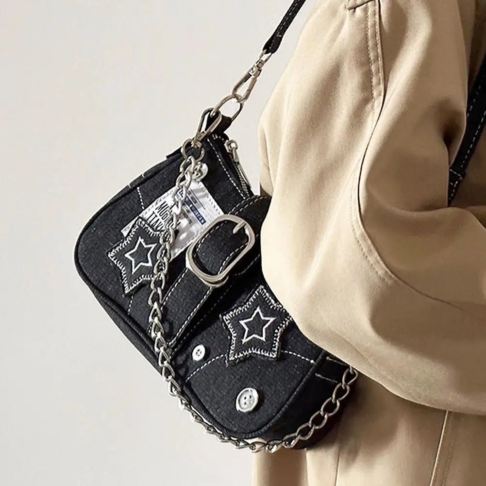 Y2k Fashion Women's Handbags Denim Stars Pattern Cool Girls Y2K Underarm Bag Retro Style Rivet Armpit Bag - Tara's Tiny Treasures