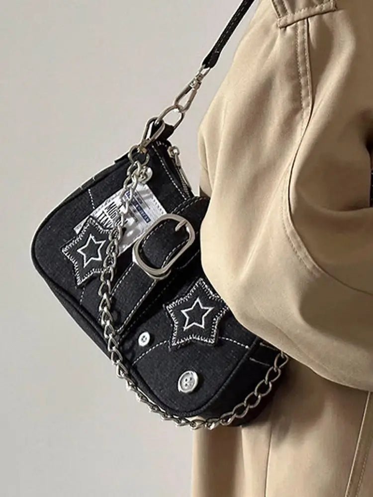 Y2k Fashion Women's Handbags Denim Stars Pattern Cool Girls Y2K Underarm Bag Retro Style Rivet Armpit Bag - Tara's Tiny Treasures