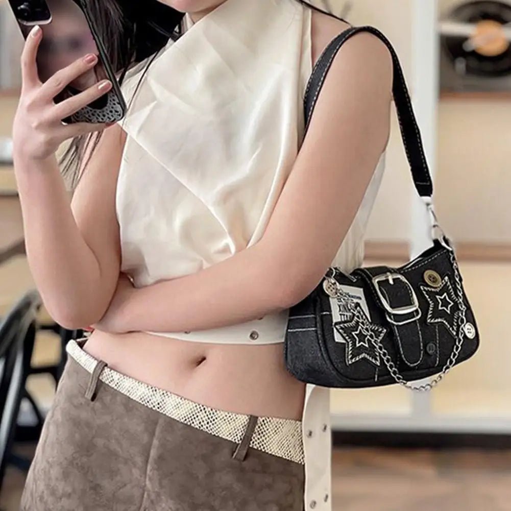 Y2k Fashion Women's Handbags Denim Stars Pattern Cool Girls Y2K Underarm Bag Retro Style Rivet Armpit Bag - Tara's Tiny Treasures
