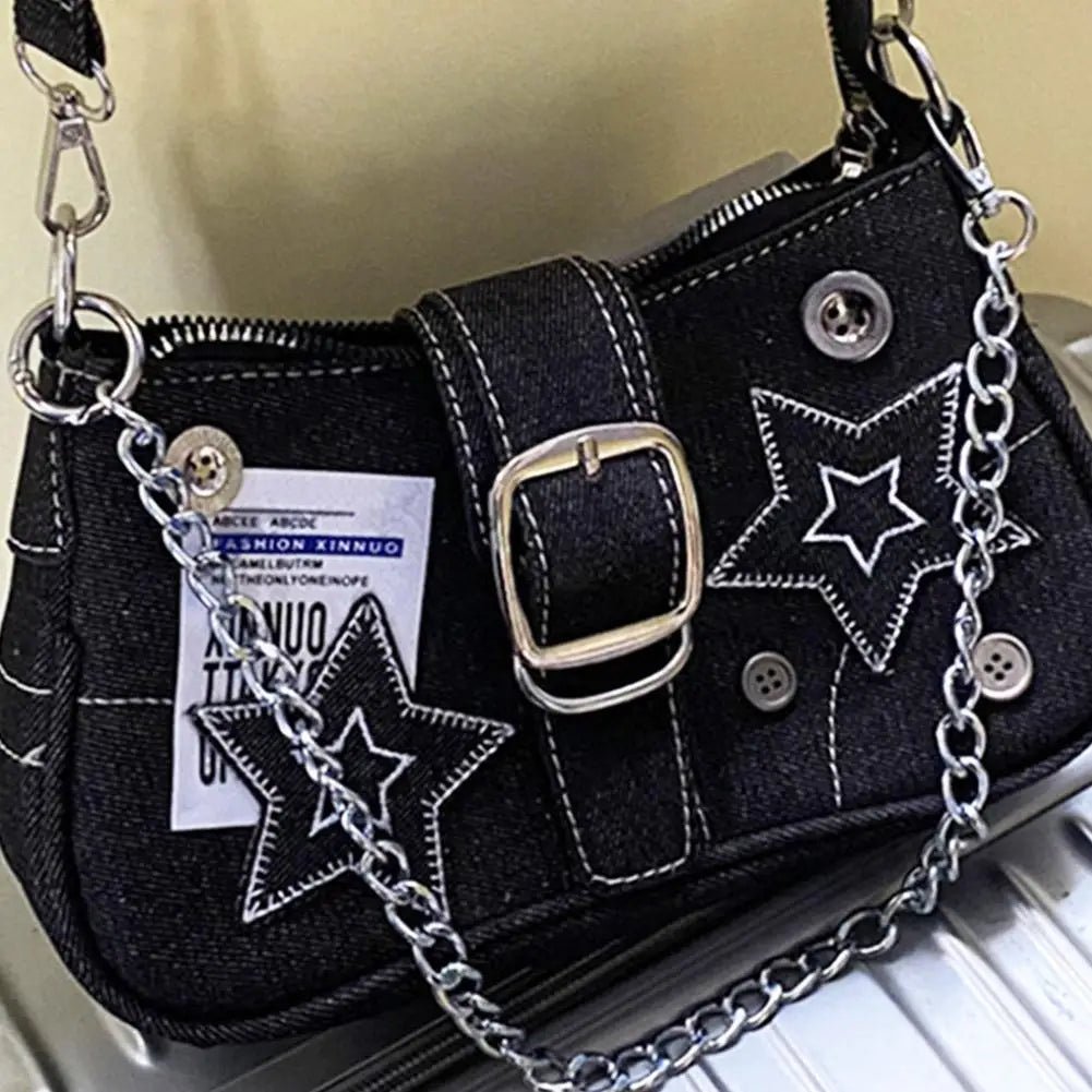 Y2k Fashion Women's Handbags Denim Stars Pattern Cool Girls Y2K Underarm Bag Retro Style Rivet Armpit Bag - Tara's Tiny Treasures