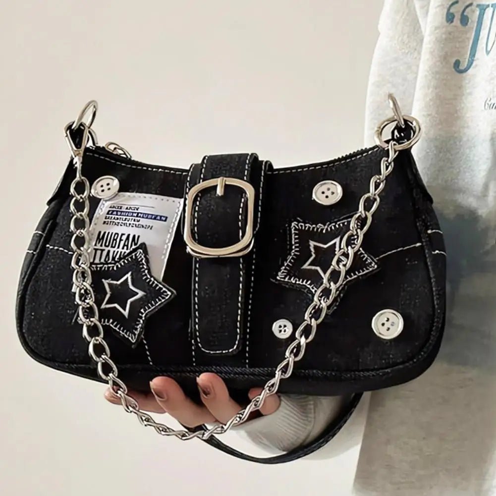 Y2k Fashion Women's Handbags Denim Stars Pattern Cool Girls Y2K Underarm Bag Retro Style Rivet Armpit Bag - Tara's Tiny Treasures