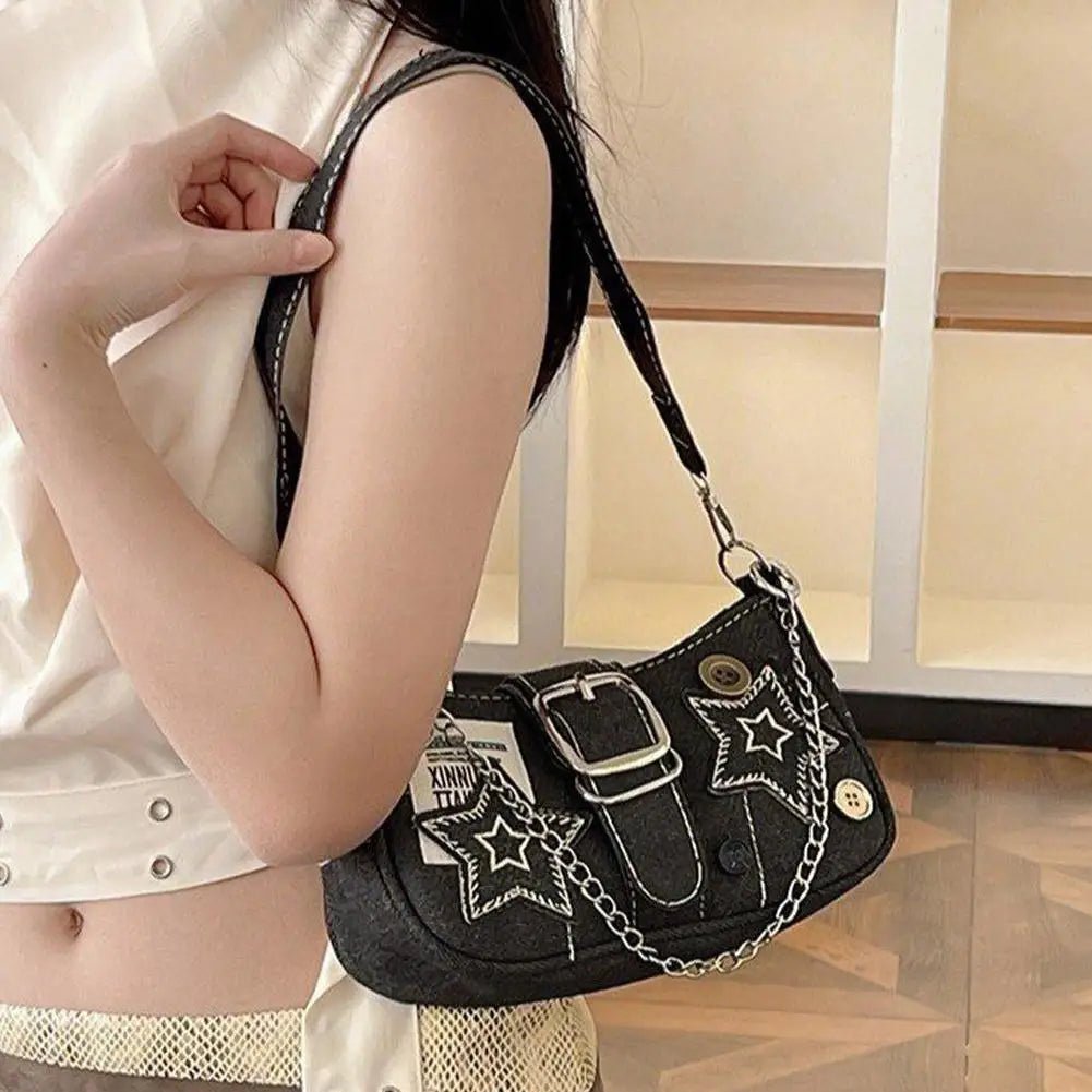 Y2k Fashion Women's Handbags Denim Stars Pattern Cool Girls Y2K Underarm Bag Retro Style Rivet Armpit Bag - Tara's Tiny Treasures