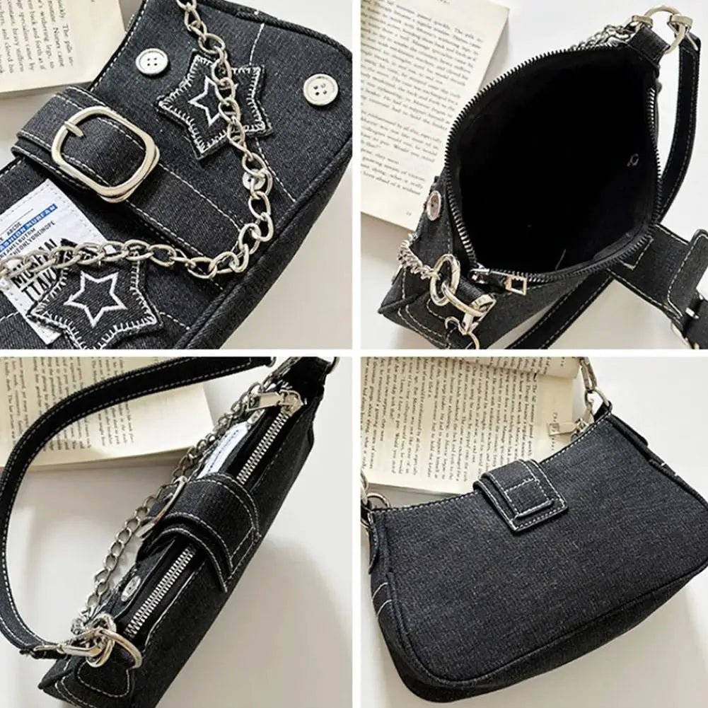 Y2k Fashion Women's Handbags Denim Stars Pattern Cool Girls Y2K Underarm Bag Retro Style Rivet Armpit Bag - Tara's Tiny Treasures