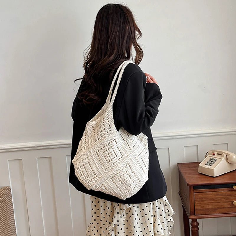 Yarn Hollow Out Large Capacity Shoulder Bags Summer New Ladies Bags Casual Soft Versatile Women's Handbags - Tara's Tiny Treasures