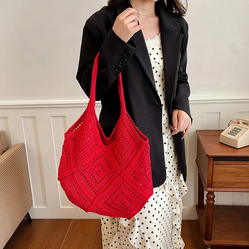 Yarn Hollow Out Large Capacity Shoulder Bags Summer New Ladies Bags Casual Soft Versatile Women's Handbags - Tara's Tiny Treasures