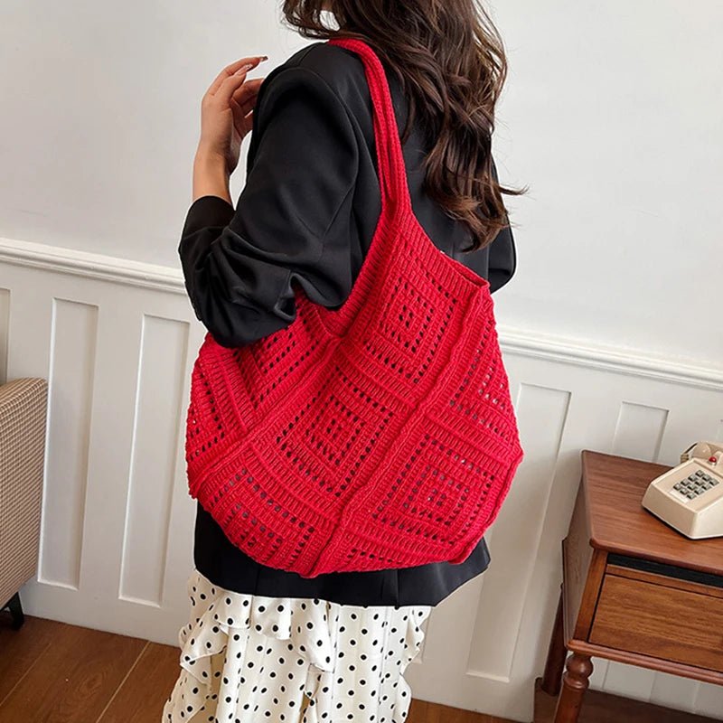 Yarn Hollow Out Large Capacity Shoulder Bags Summer New Ladies Bags Casual Soft Versatile Women's Handbags - Tara's Tiny Treasures