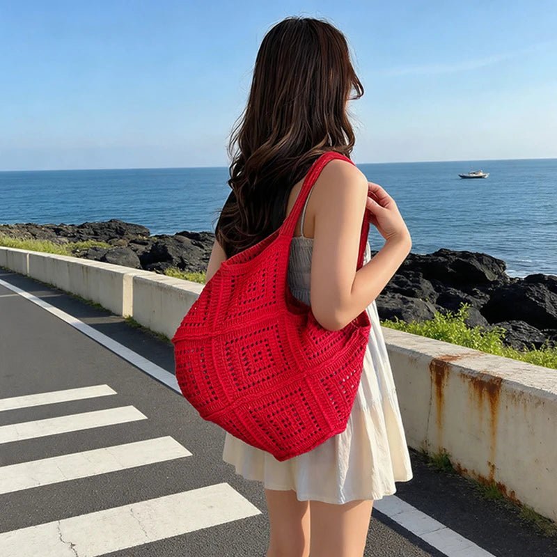 Yarn Hollow Out Large Capacity Shoulder Bags Summer New Ladies Bags Casual Soft Versatile Women's Handbags - Tara's Tiny Treasures