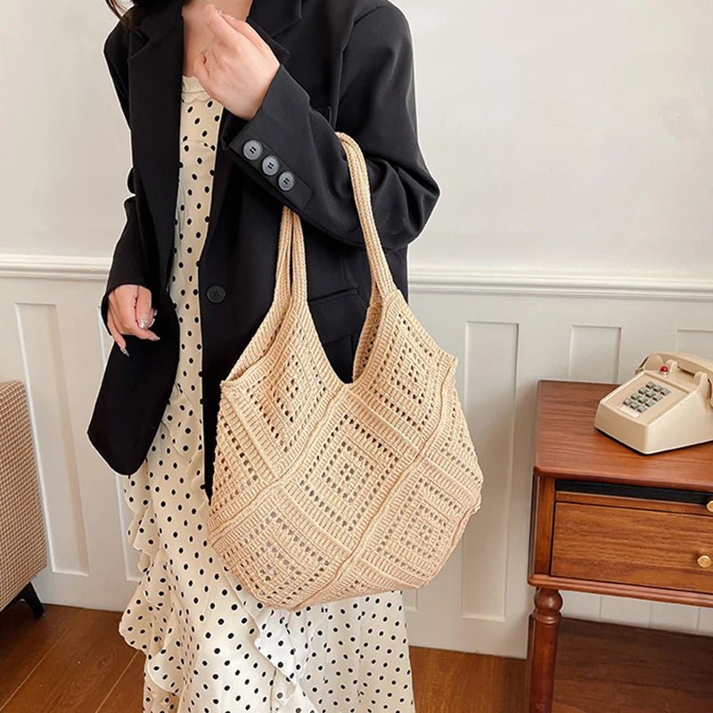Yarn Hollow Out Large Capacity Shoulder Bags Summer New Ladies Bags Casual Soft Versatile Women's Handbags - Tara's Tiny Treasures