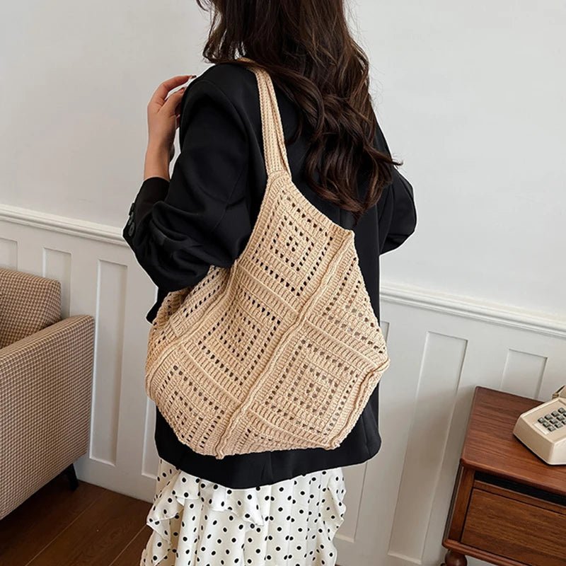 Yarn Hollow Out Large Capacity Shoulder Bags Summer New Ladies Bags Casual Soft Versatile Women's Handbags - Tara's Tiny Treasures