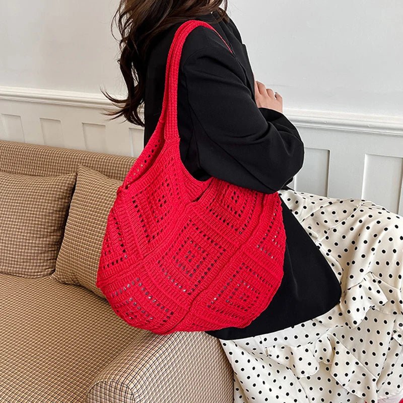 Yarn Hollow Out Large Capacity Shoulder Bags Summer New Ladies Bags Casual Soft Versatile Women's Handbags - Tara's Tiny Treasures