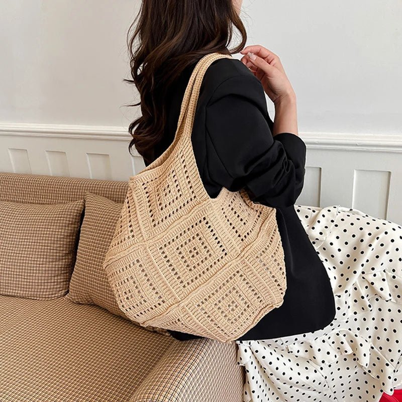 Yarn Hollow Out Large Capacity Shoulder Bags Summer New Ladies Bags Casual Soft Versatile Women's Handbags - Tara's Tiny Treasures