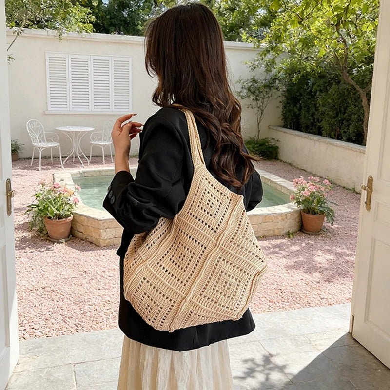 Yarn Hollow Out Large Capacity Shoulder Bags Summer New Ladies Bags Casual Soft Versatile Women's Handbags - Tara's Tiny Treasures