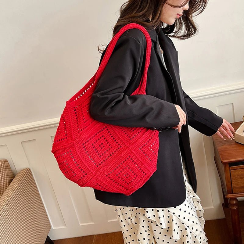 Yarn Hollow Out Large Capacity Shoulder Bags Summer New Ladies Bags Casual Soft Versatile Women's Handbags - Tara's Tiny Treasures