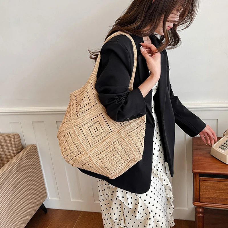 Yarn Hollow Out Large Capacity Shoulder Bags Summer New Ladies Bags Casual Soft Versatile Women's Handbags - Tara's Tiny Treasures