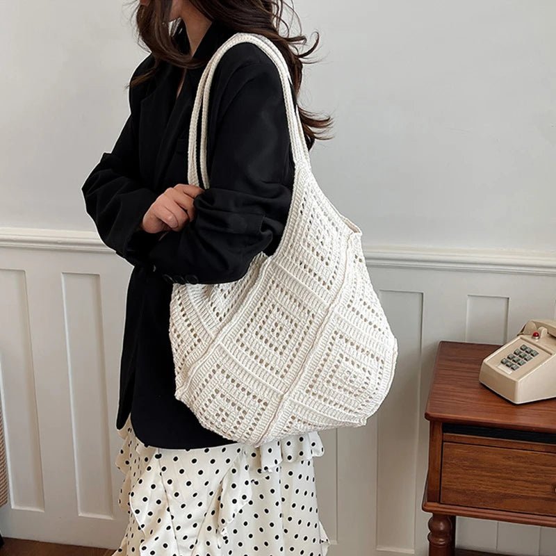 Yarn Hollow Out Large Capacity Shoulder Bags Summer New Ladies Bags Casual Soft Versatile Women's Handbags - Tara's Tiny Treasures
